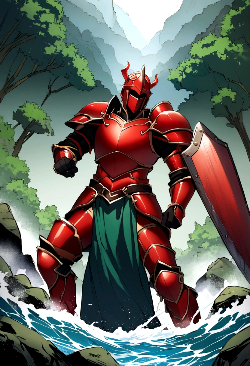 Equip yourself with the strongest shield and the strongest sword、Rin々Youth、15-year-old young man、RAW Photos、A young man dressed in full red armor、break、The background is a forest deep in the mountains.、There&#39;s a river flowing inside、Young man fighting demons