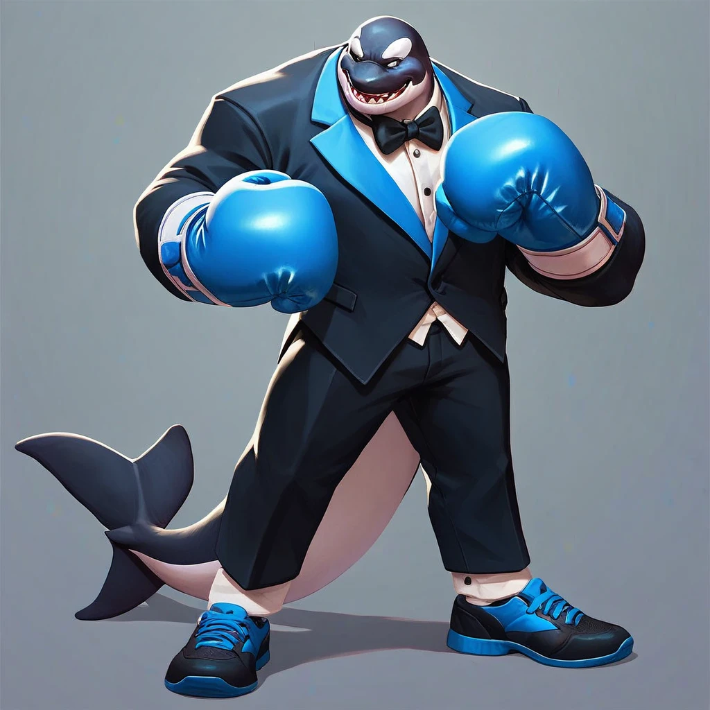 multiversus, full body, humanoid orca, blue colour, tuxedo, boxing gloves 