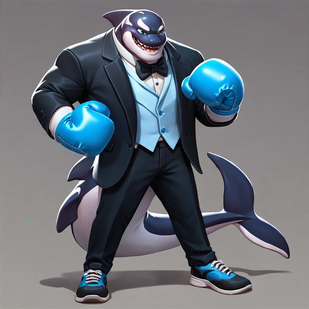 multiversus, full body, humanoid orca, blue colour, tuxedo, boxing gloves 