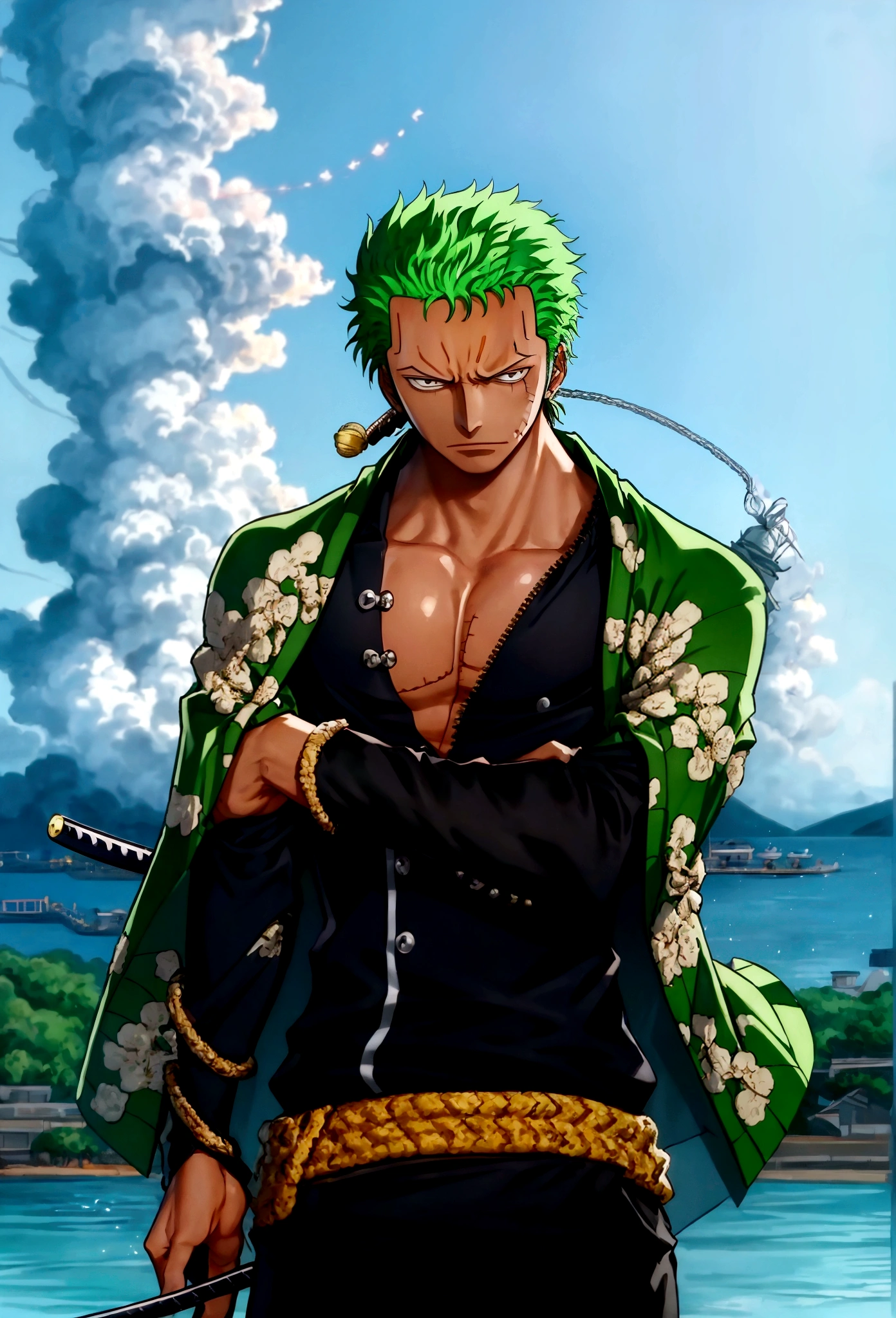 rORONOA Zoro DO ANIME "(one piece",) alone, View the viewer, short hair, Long sleeve, First grader, Green Pirate Suit Jacket, Upper Body, arms, Male focus, kimono, Golden Hair, What's, Wave, Landscape, Scar on left eye, sheath, Facial scars, Emsheathdos, (Slicked back hair)