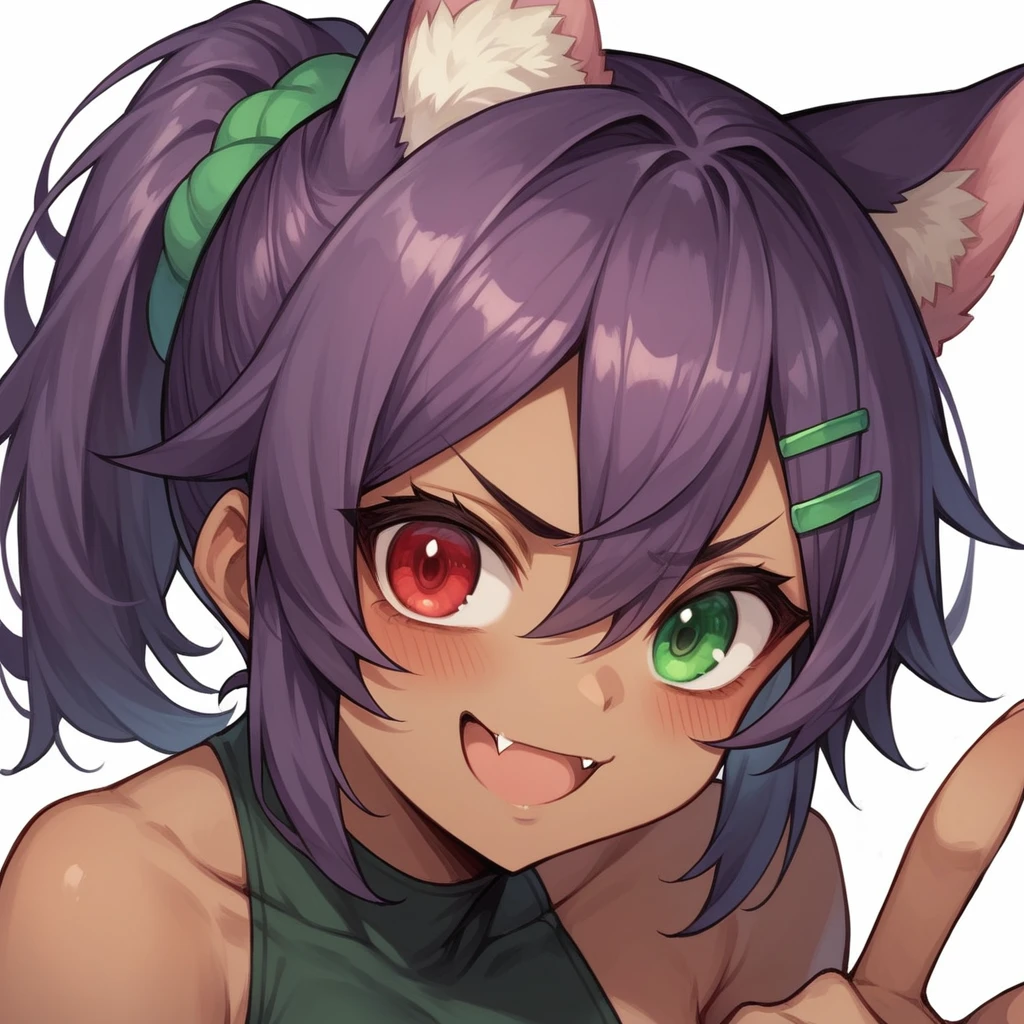 highres,1girl,animal ears,KEMOMIMI,bangs,brown hair,blush,heterochromia,red eye,green eye,red and green odd eyes,open mouth,fang,dark-skinned female,hair between eyes,hair ornament,hairclip,looking at viewer,smile,solo,v-shaped eyebrows,thighhighs,ponytail,Short messy hair,purple hair,two or more colors,white background,simple background,