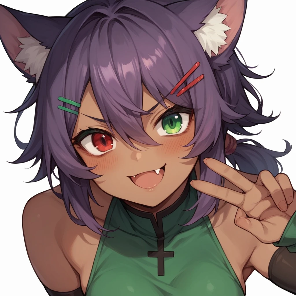 highres,1girl,animal ears,KEMOMIMI,bangs,brown hair,blush,heterochromia,red eye,green eye,red and green odd eyes,open mouth,fang,dark-skinned female,hair between eyes,hair ornament,hairclip,looking at viewer,smile,solo,v-shaped eyebrows,thighhighs,ponytail,Short messy hair,purple hair,two or more colors,white background,simple background,