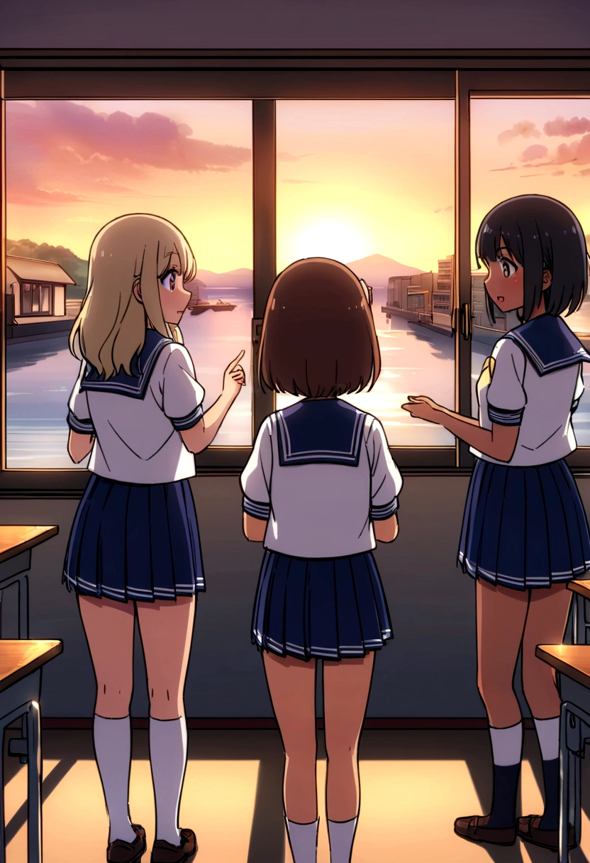 Highest quality、high resolution、Detailed Description、Detailed Background、Accurate depiction、animeスタイル、anime、Four Girlore than one person、元気なFour Girls、Dark Skin、Sailor suit、School、classroom、Chat、chatting、Black Short Hair、Big eyes、cute、Sunset、The window overlooks the harbor and the sea.