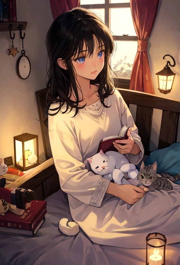 cute kitten cat reading a book comfortably on a bed, covered with a blanket, stuffed animal, string lights on the wall, window, cozy and comforting atmosphere, nighttime, wonder, pixiv