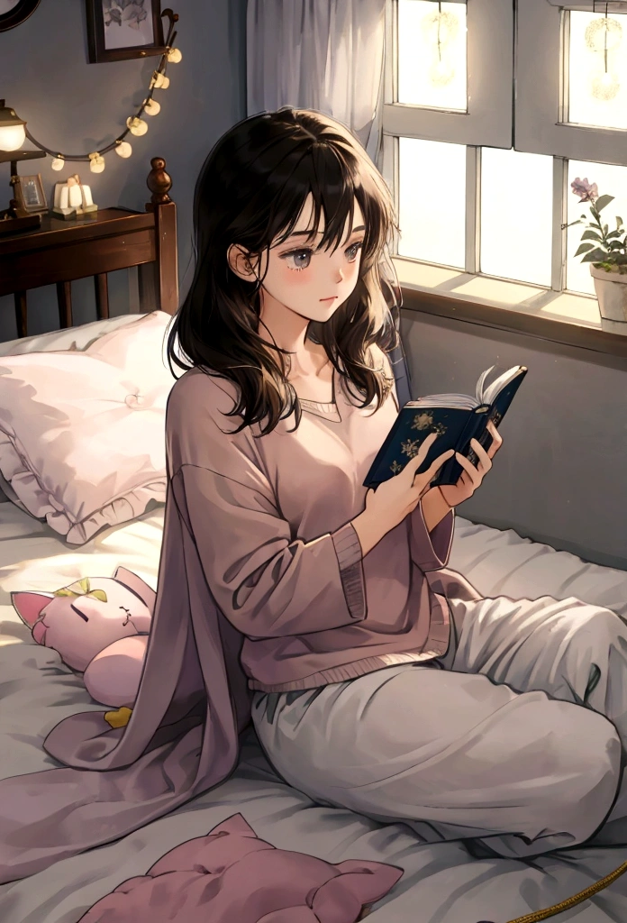 cute kitten cat reading a book comfortably on a bed, covered with a blanket, stuffed animal, string lights on the wall, window, cozy and comforting atmosphere, nighttime, wonder, pixiv