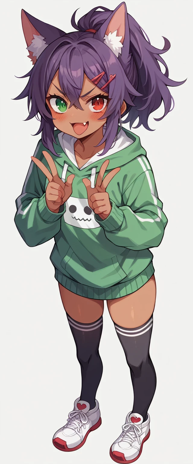 highres,1girl,animal ears,KEMOMIMI,bangs,brown hair,blush,heterochromia,red eye,green eye,red and green odd eyes,open mouth,fang,dark-skinned female,hair between eyes,hair ornament,hairclip,looking at viewer,smile,solo,v-shaped eyebrows,thighhighs,underwear,sweater,ponytail,Short messy hair,purple hair,two or more colors,white background,simple background,streetwear,taut clothing,sneakers,Tongue out,frontview