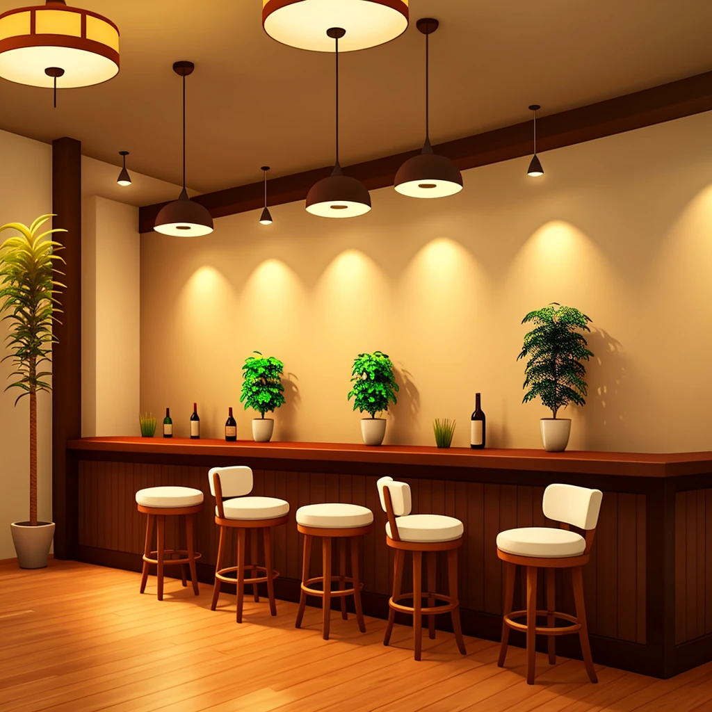 3D graphics, like in a game Interior of the restaurant with three columns in the center, a pair of large tables with soft chairs in light colors and wooden floor and a bar with plants 