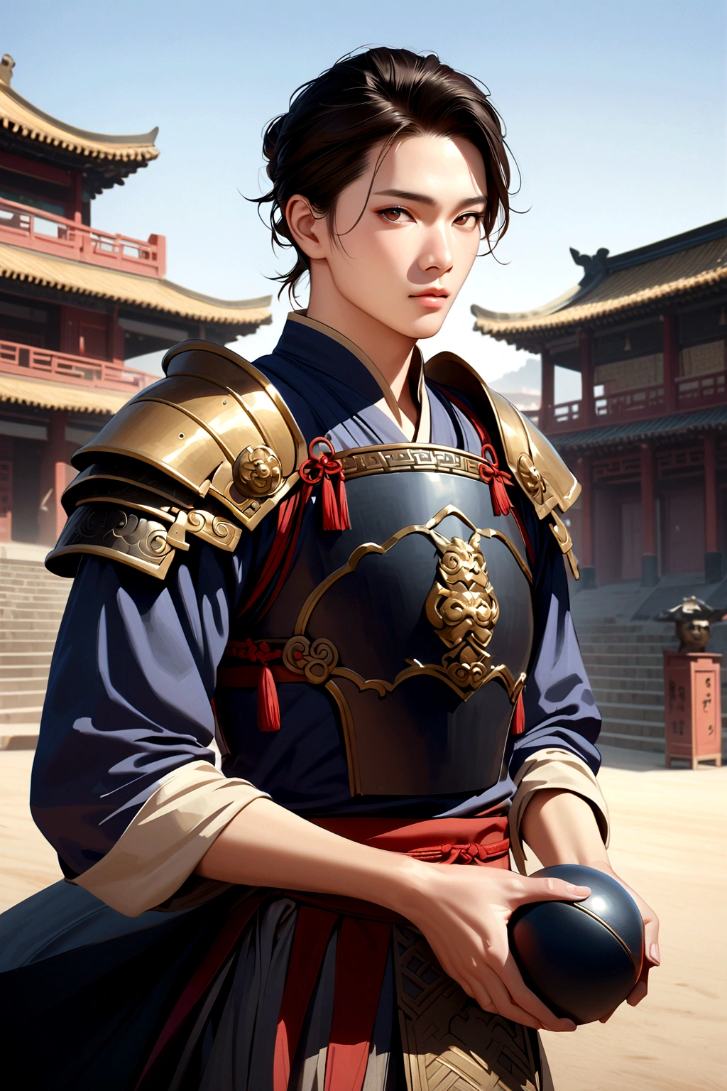25 year old Chinese man,middle aged man,realistic,chinese_Armor,alone,Background of ancient chinese cities,detailed_eye,shoulder_Armor, pitching,(검은 eye),looking at viewer,(masterpiece:1.2), (best quality:1.2), perfect eye, perfect face, perfect lighting, (8K),(complete anatomy), Nee Shot
