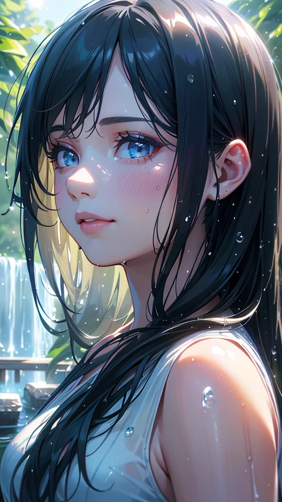 A beautiful young girl in a summer , with long black hair, standing in the rain under a clear sky with the sun shining, the raindrops glistening in the light, smiling with a wet, drenched look, (best quality,4k,8k,highres,masterpiece:1.2),ultra-detailed,(realistic,photorealistic,photo-realistic:1.37),extremely detailed eyes and face,longeyelashes,beautiful detailed eyes,beautiful detailed lips,highly detailed ,sunlight rays,water droplets,wet hair,bright colors,vibrant lighting,portrait