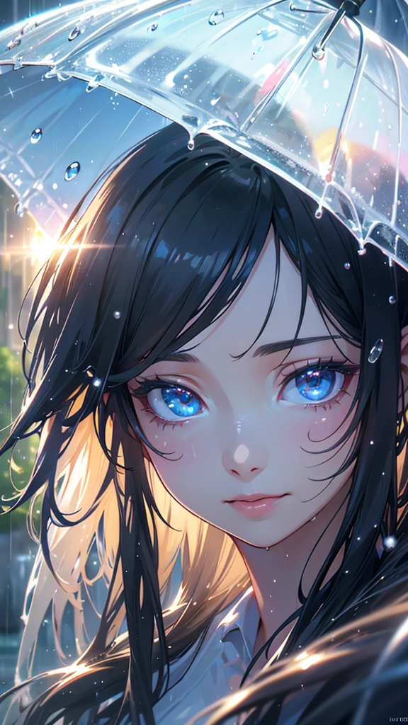 A beautiful young girl in a summer , with long black hair, standing in the rain under a clear sky with the sun shining, the raindrops glistening in the light, smiling with a wet, drenched look, (best quality,4k,8k,highres,masterpiece:1.2),ultra-detailed,(realistic,photorealistic,photo-realistic:1.37),extremely detailed eyes and face,longeyelashes,beautiful detailed eyes,beautiful detailed lips,highly detailed ,sunlight rays,water droplets,wet hair,bright colors,vibrant lighting,portrait