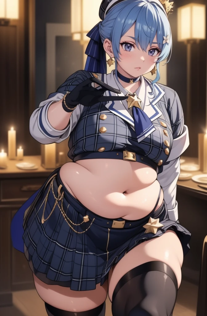(best quality,4k,8k,highres,masterpiece:1.2), ultra-detailed, (realistic,photorealistic,photo-realistic:1.37), HDR, UHD, studio lighting, ultra-fine painting, sharp focus, physically-based rendering, extreme detail description, professional, vivid colors, bokeh, portraits, photography, (best quality,masterpiece:1.3), (mature woman, milf), (tall:1.2), anime, masterpiece, beautiful eyes, best quality, detailed face, 1girl, solo, beautiful, SuiseiBase, plaid beret, crown, blue star choker, star earrings, blue ascot, plaid jacket, plaid skirt, layered skirt, partially fingerless gloves, star bracelet, uneven legwear, thigh strap, huge belly, bloated belly, stuffed belly, plump, chubby, curvy, chubby girl, belly, big belly, fat belly,