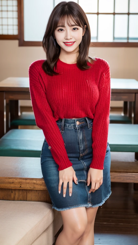 Highest quality, On the table, Ultra-high resolution, Reality, 1 girl,High resolution full body images, red lips smile, Smile, The are slightly visible, Red sweater, Denim skirt,Full body image,Soft lighting, Delicate skin, Bangs, Black Hair, Clear eyes, Short Bob Hairstyle, transparency, Japan, Korean, Beautiful woman, Upper Eye, Lip Gloss, Teardrop, Mole on chest, Accentuate the body line