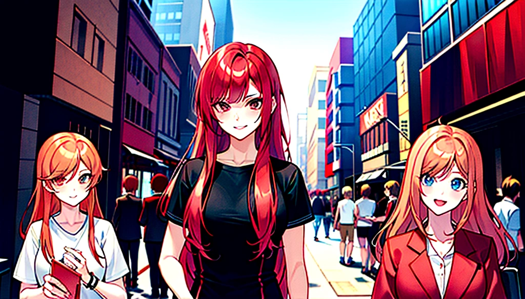 Anime Girl,Red-haired girl,Sexy,Handsome,neutral,Street dressing。