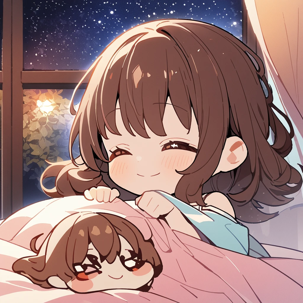 masterpiece、Highest quality、Depth of subject、2D illustration、1 beautiful girl、独奏, (((chibi style)))、cute chibi, lovely chibi, ((night)), ((window)), ((starry sky)), Long, beautiful hair、shiny brown hair、cute、Beautifully detailed eyes、((blanket))、((colorful))、Camisole dress、((happy smile))、sleeping on bed, ((close up shot))、((Asleep in bed)), ((in the room))、((There's a lot of pink around))、((closed eyes))、Thighs、((vivid color))、sparkle、((Lens flare))、
