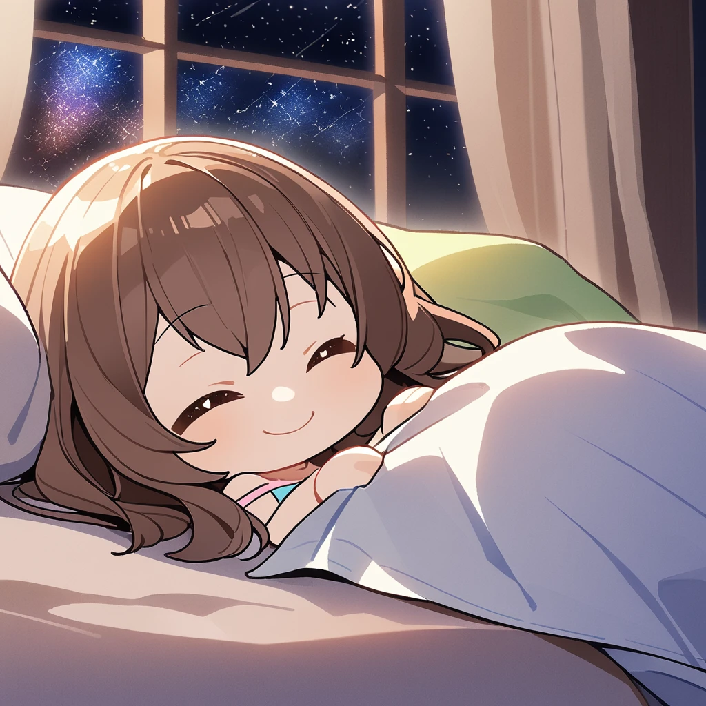 masterpiece、Highest quality、Depth of subject、2D illustration、1 beautiful girl、独奏, (((chibi style)))、cute chibi, lovely chibi, ((night)), ((window)), ((starry sky)), Long, beautiful hair、shiny brown hair、cute、Beautifully detailed eyes、((blanket))、((colorful))、Camisole dress、((happy smile))、sleeping on bed, ((close up shot))、((Asleep in bed)), ((in the room))、((There's a lot of pink around))、((closed eyes))、Thighs、((vivid color))、sparkle、((Lens flare))、