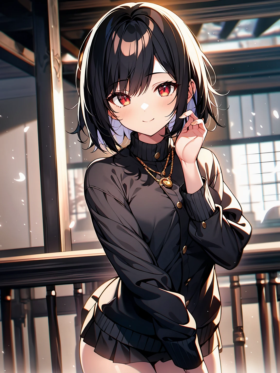 (masterpiece, highest quality, highest quality, (No text), Beautiful and aesthetic:1.2),No text,アニメ、 BREAK,One Girl，Short black hair　Red eyes　cool　smile　Black jacket　mini skirt　whole body　night