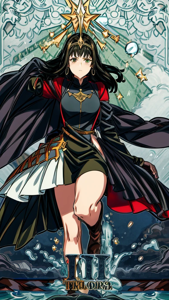 giantess princess, black hair, green eyes, mid-length regal red dress, black opera gloves, black high-heeled boots, anime-style art, Fire Emblem: Three Houses-style, from Church of Seiros POV looking out at the horizon where a gigantic brunette princess advances towards the church, casts a shadow over church, horizon curvature, anime, Fire Emblem, medieval, woman