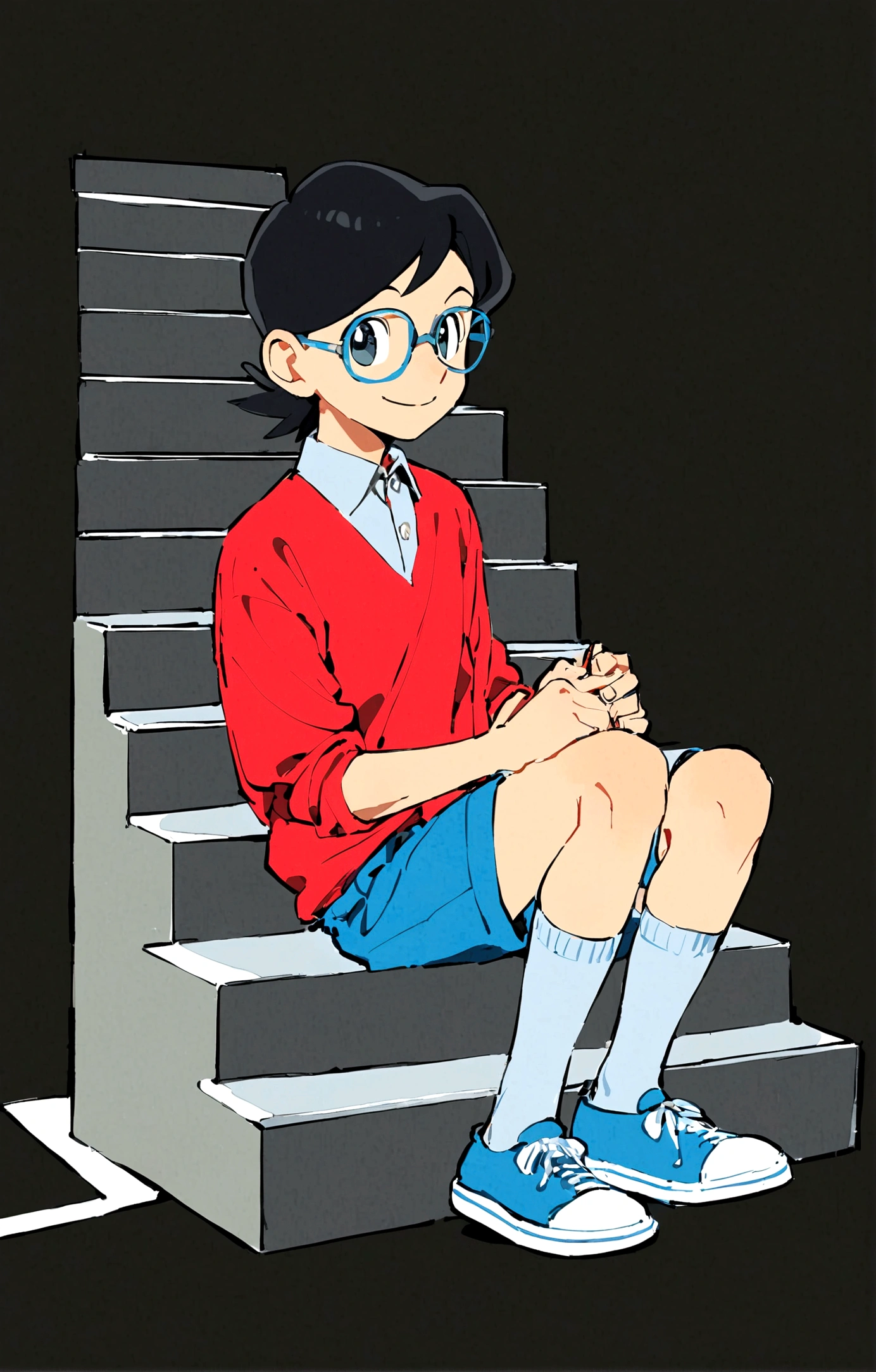 Nobita Nobi,solo, smile, simple background, shirt, black hair, long sleeves, 1boy, sitting, full body, male focus, shoes, glasses, shorts, socks, collared shirt, black background, red shirt, blue shorts, blue footwear, stairs