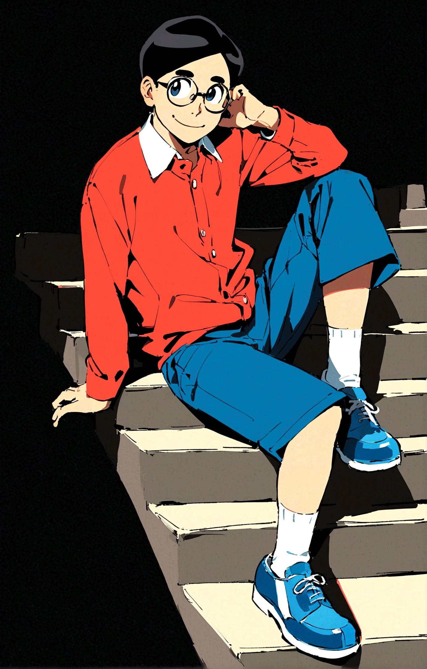 Nobita Nobi,solo, smile, simple background, shirt, black hair, long sleeves, 1boy, sitting, full body, male focus, shoes, glasses, shorts, socks, collared shirt, black background, red shirt, blue shorts, blue footwear, stairs