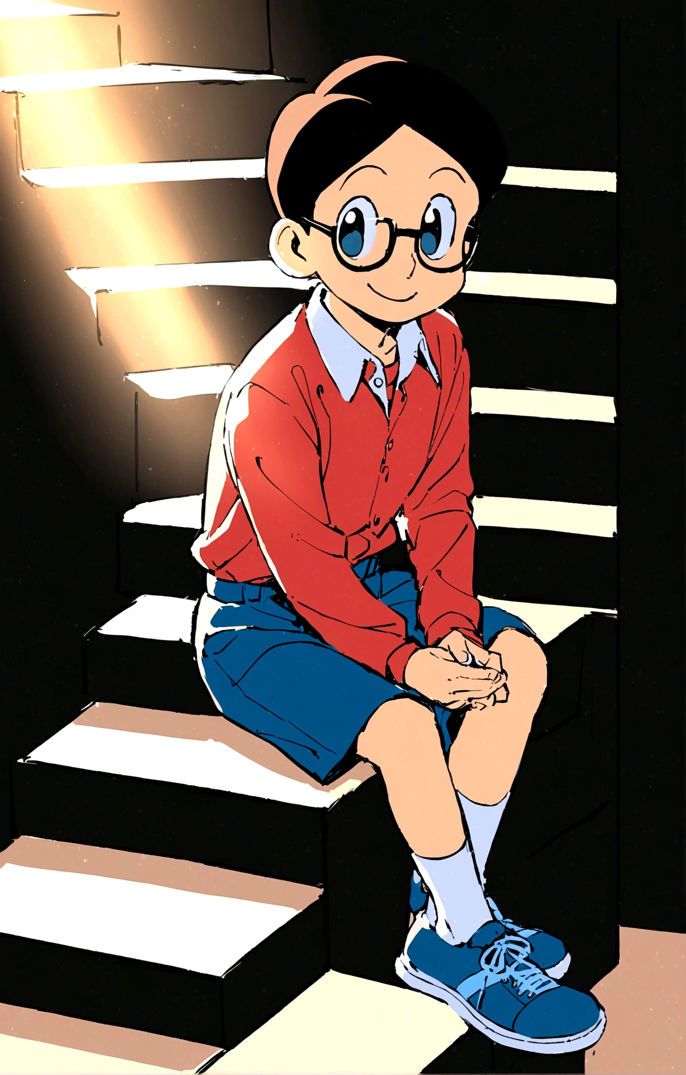 Nobita Nobi,solo, smile, simple background, shirt, black hair, long sleeves, 1boy, sitting, full body, male focus, shoes, glasses, shorts, socks, collared shirt, black background, red shirt, blue shorts, blue footwear, stairs