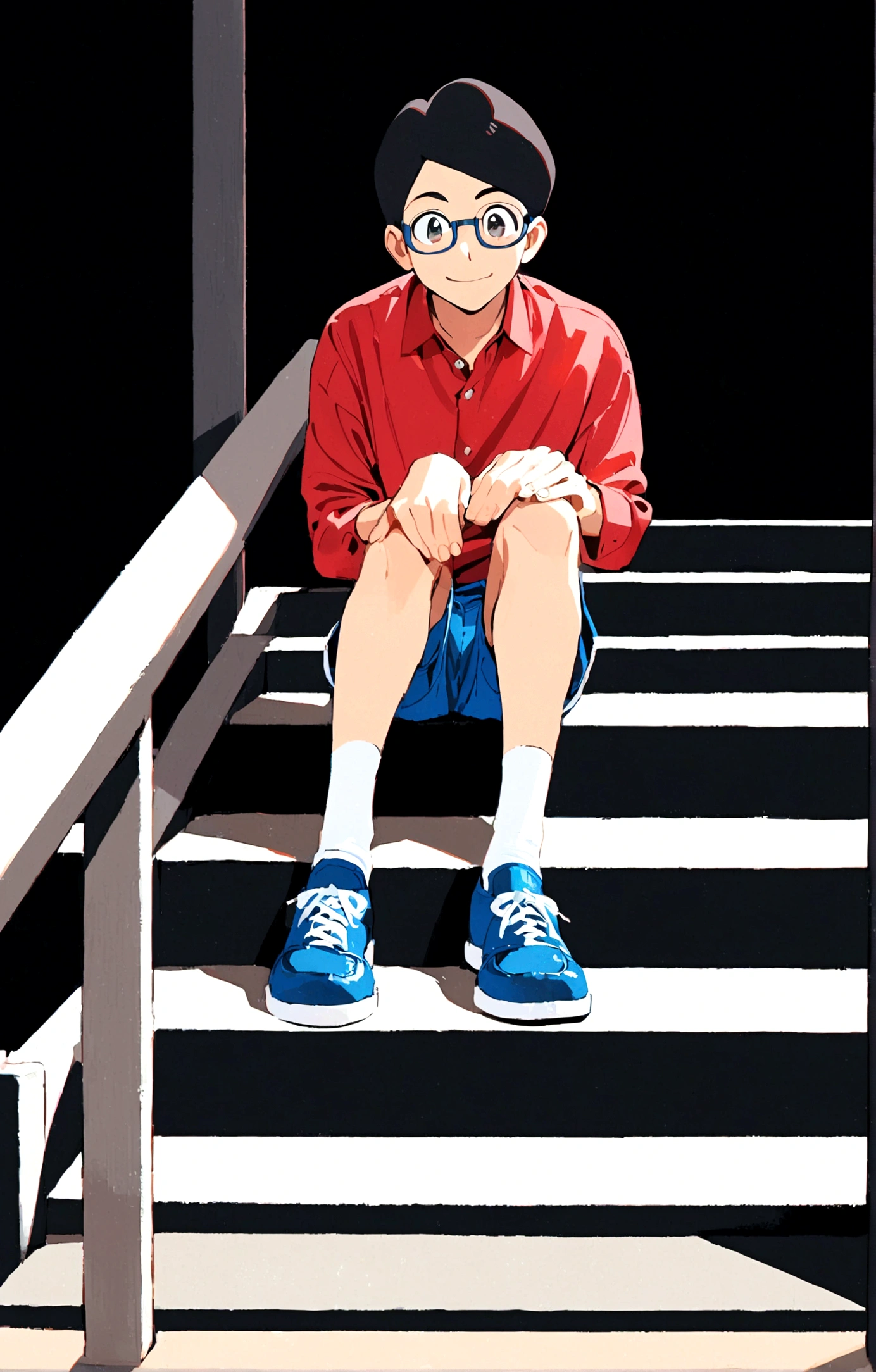 Nobita Nobi,solo, smile, simple background, shirt, black hair, long sleeves, 1boy, sitting, full body, male focus, shoes, glasses, shorts, socks, collared shirt, black background, red shirt, blue shorts, blue footwear, stairs