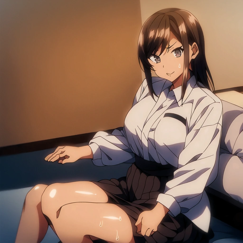 1 woman, Hisato, sitting with a confused expression, background of the image ((*large room with a bed, well lit and casual style*)) Hisato wearing a maid uniform, looking at the viewer!!