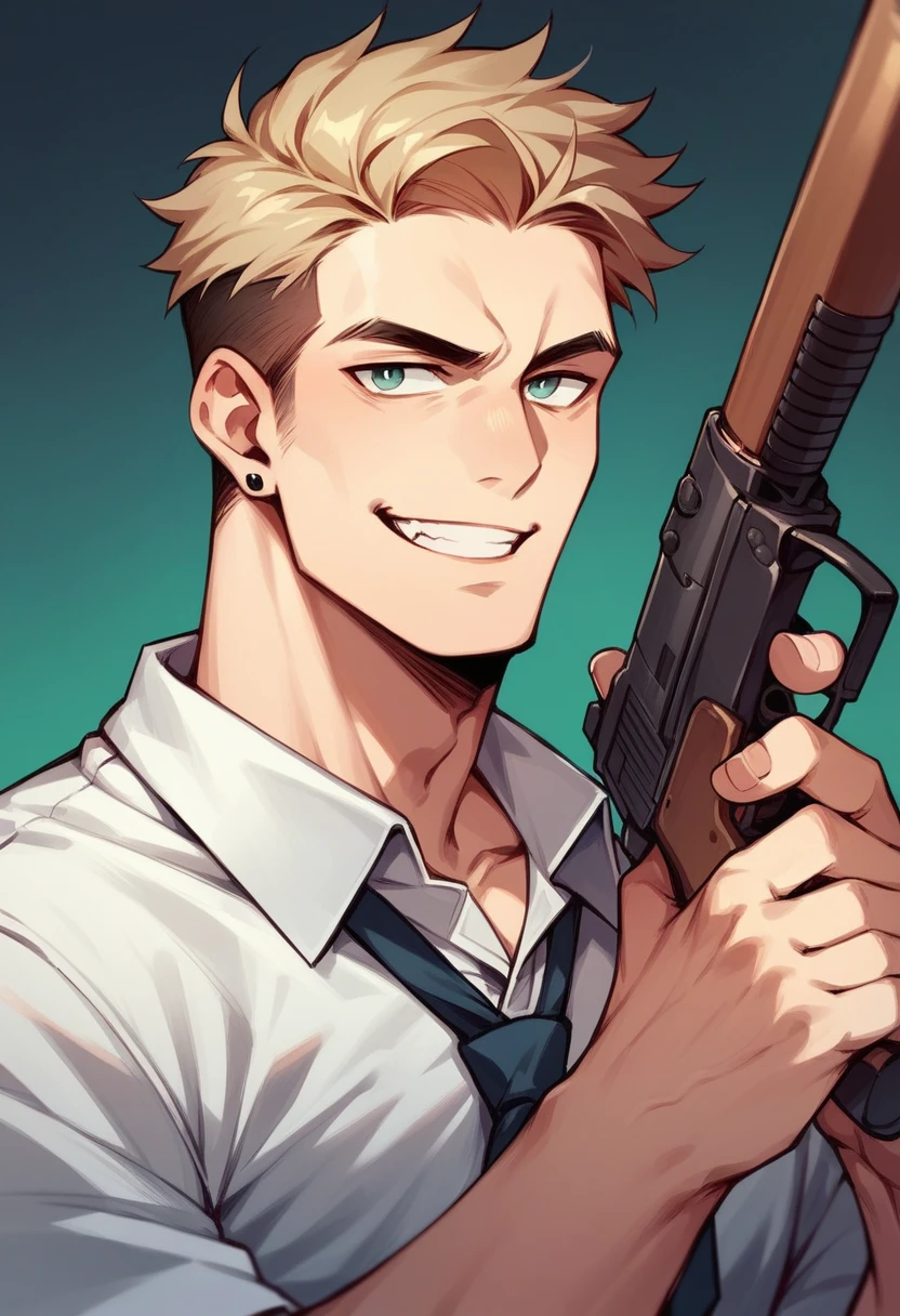 A man with a very wide smile smiling while holding a gun against his head 