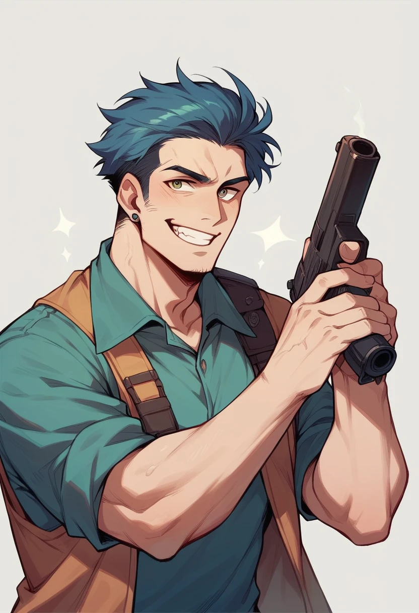 A man with a very wide smile smiling while holding a gun against his head 