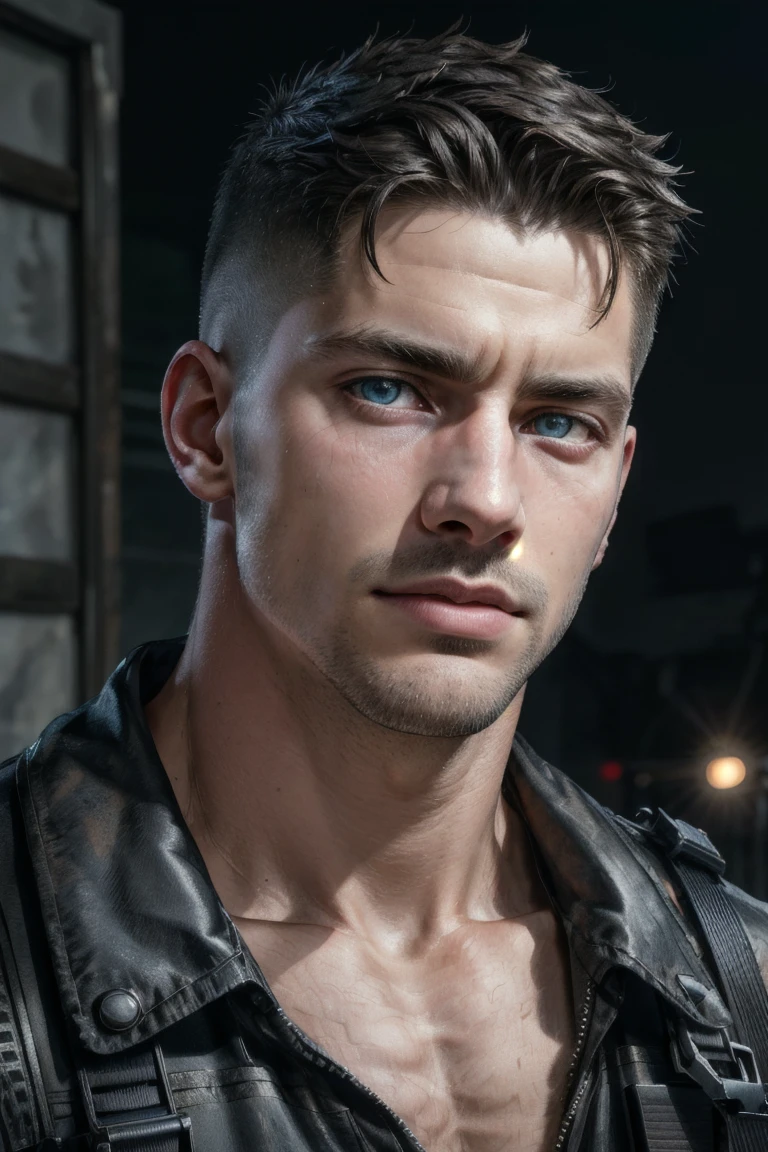 Portrait, Detailedface, ultra realistic, best quality, masterpiece, (perfect face, perfect eyes), RAW photo, 8k uhd, dslr, soft lighting, film grain, ultra detailed, texture detailed, Fujifilm XT3, mature muscular hunk, undercut hair, extremely short hair, police uniform