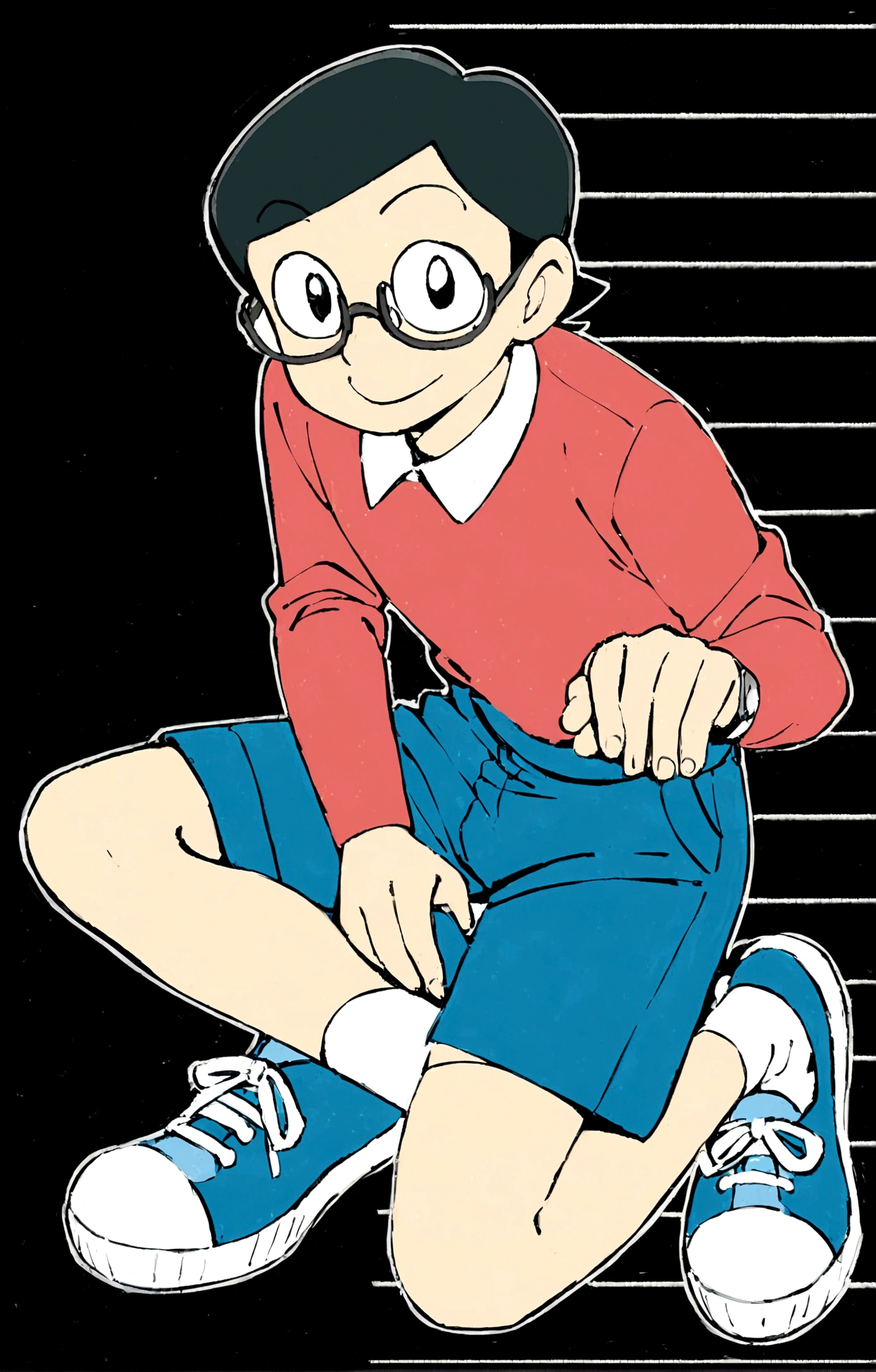 Nobita Nobi,solo, smile, simple background, shirt, black hair, long sleeves, 1boy, sitting, full body, male focus, shoes, glasses, shorts, socks, collared shirt, black background, red shirt, blue shorts, blue footwear, stairs