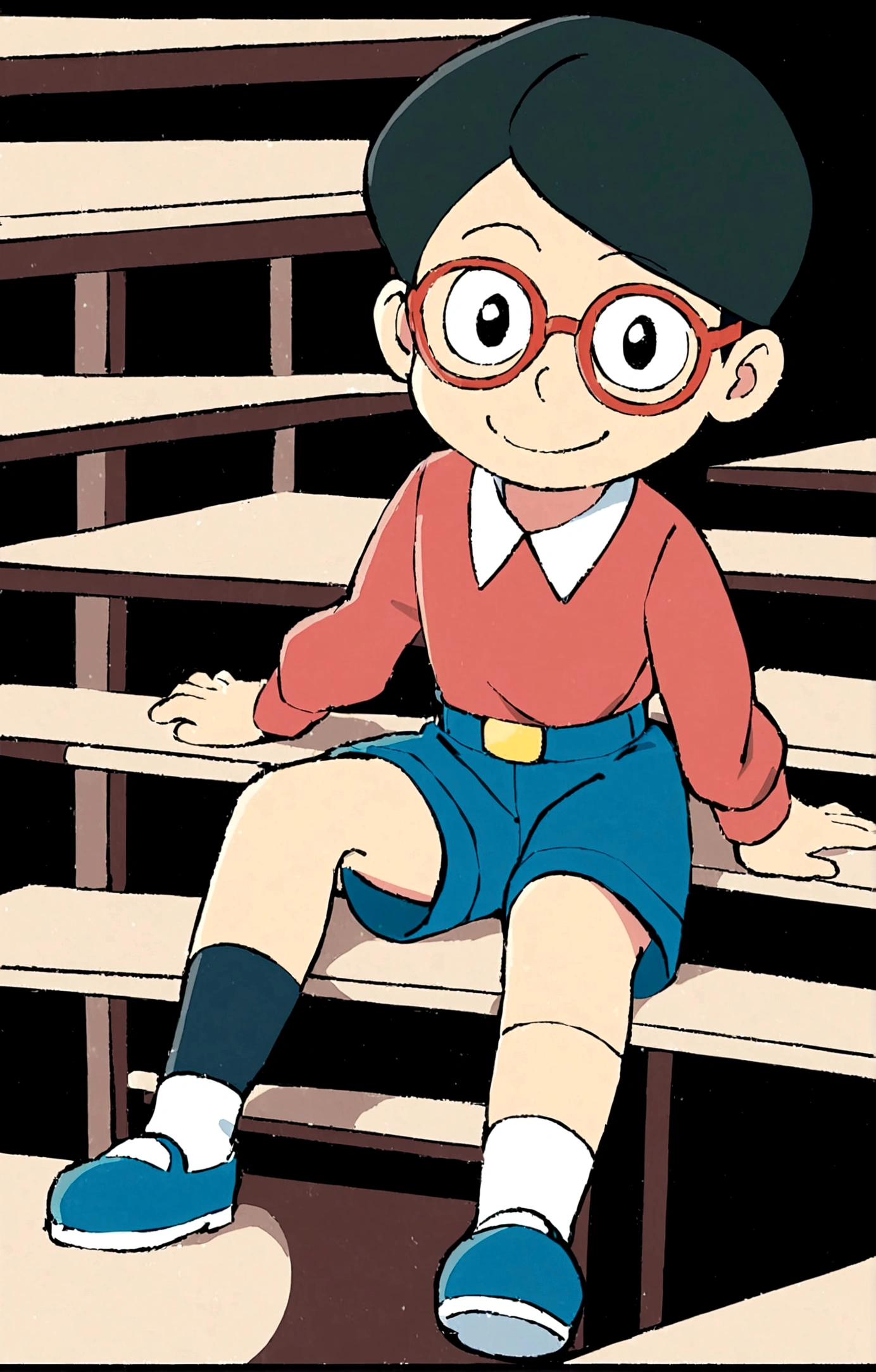 Nobita Nobi,solo, smile, simple background, shirt, black hair, long sleeves, 1boy, sitting, full body, male focus, shoes, glasses, shorts, socks, collared shirt, black background, red shirt, blue shorts, blue footwear, stairs