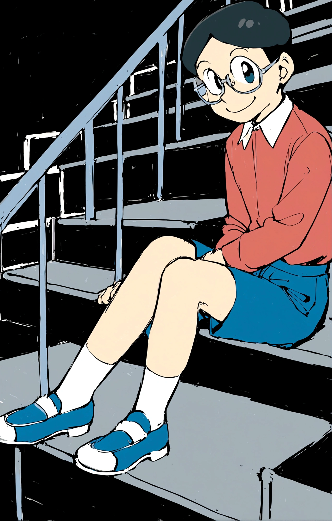 Nobita Nobi,solo, smile, simple background, shirt, black hair, long sleeves, 1boy, sitting, full body, male focus, shoes, glasses, shorts, socks, collared shirt, black background, red shirt, blue shorts, blue footwear, stairs