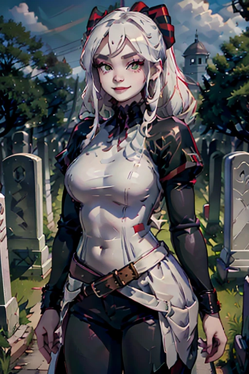 High resolution, Sharp focus, pixiv's masterpiece, ((Intricate details)), Very detailed, Pointed Ears, Heterochromia, solo, Blonde, gloves, Laughter, Green Eyes, blue eyes, Ahoge, Look at the viewers, One Girl, short hair, (Brown gloves, Elvish, Dark skin、In the background is a large grave、Adult Rupheus、E Cup、