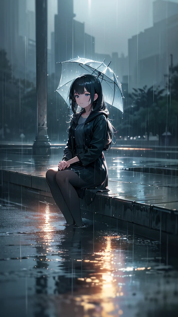 a girl with black hair sitting on a bench in the rain, sad expression, water puddles reflecting her image, fantastical atmosphere, rain glimmering, beams of light, (best quality,4k,8k,highres,masterpiece:1.2),ultra-detailed,(realistic,photorealistic,photo-realistic:1.37),,melancholic,dramatic lighting,moody colors,soft focus,cinematic,atmospheric