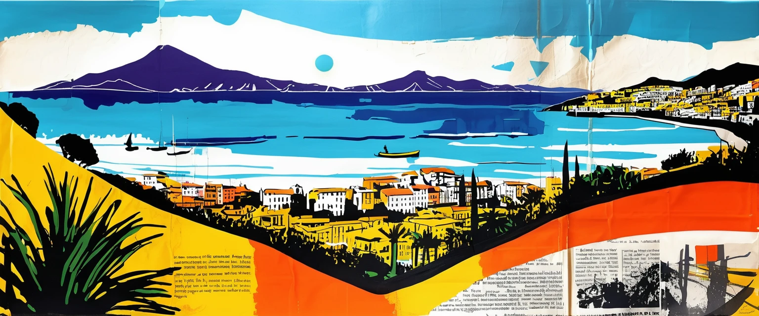 (ink on newspaper in the style of Loui Jover:1.5), NAPLES LANDSCAPE, VESUVIO, SEA, sofia loren, Envision an art movement inner thoughts and emotions as vibrant, shifting patterns of color and light
