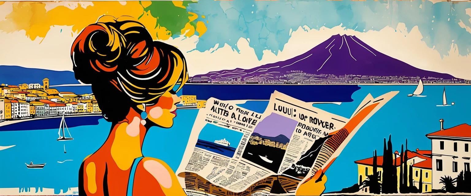 (ink on newspaper in the style of Loui Jover:1.5), NAPLES LANDSCAPE, VESUVIO, SEA, sofia loren, Envision an art movement inner thoughts and emotions as vibrant, shifting patterns of color and light