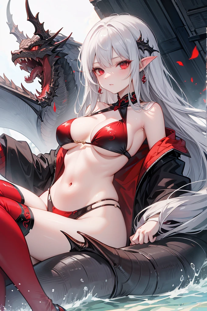 gray hair, red eyes, long hair, female , Ancient dragon-like dragon, D cup, bikini