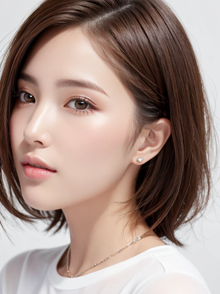 (Highest quality、Tabletop、8K、Best image quality、Award-winning works)、((profile:1.3))、ear、((short hair:1.1)),(Brown Hair)、(White casual summer clothes:1.2)、(The simplest pure white background:1.3)、(Perfectly fixed in front:1.1),(Portrait with space:1.3)、Beautiful and detailed、Perfect Makeup、Ultra-high definition beauty face、Ultra HD Hair、Ultra-high definition sparkling eyes、Ultra-high quality glossy lips、Accurate anatomy、Very beautiful skin、(Pure white skin shining in ultra-high resolution:1.1)、(Very bright:1.2),Big Natural Color Lip、Lip gloss,Harajuku、cute、cute美人、Twenty year old girl