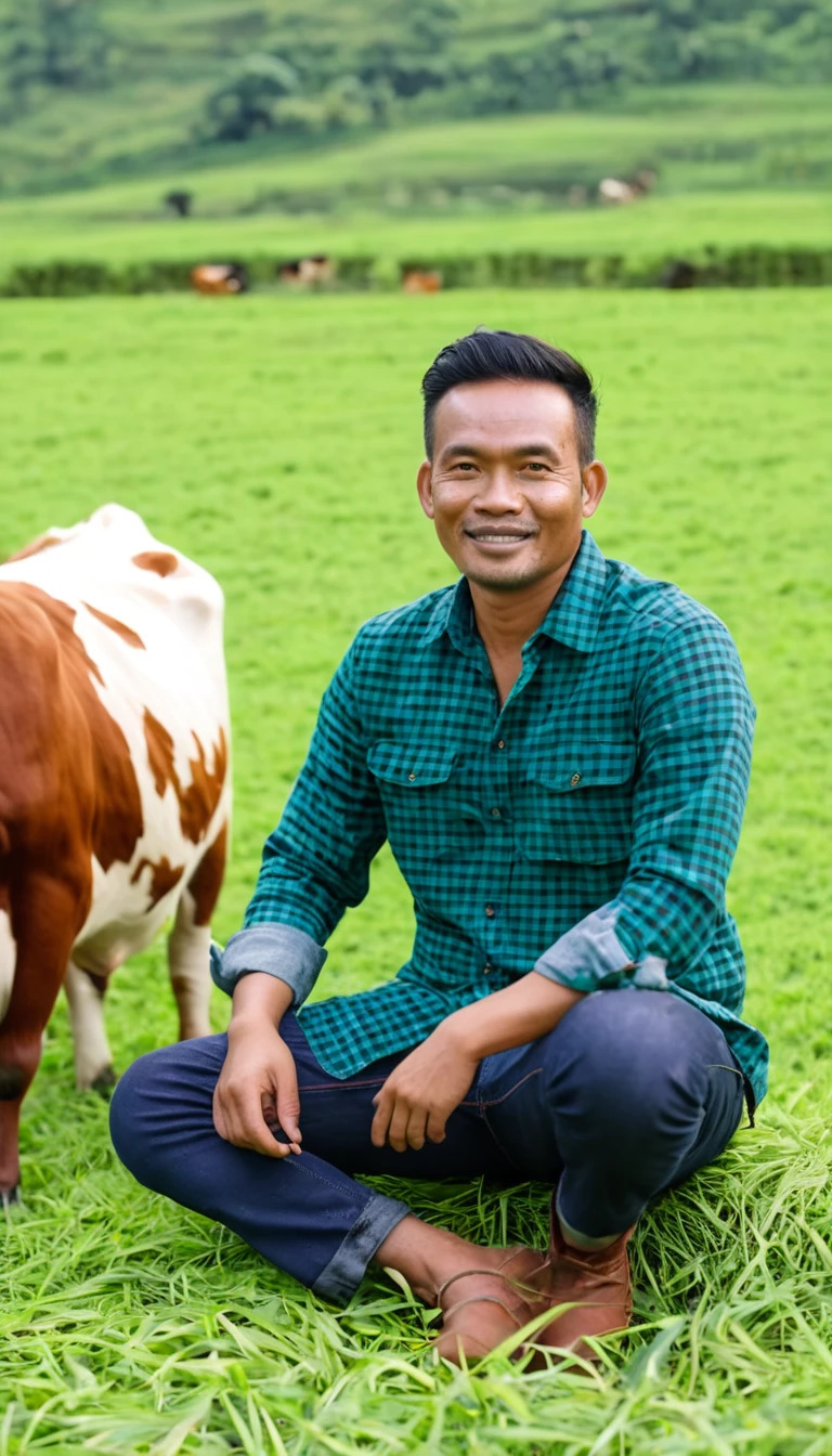full body shot of indonesian man 38 yo, clean face brown skin tone, little bit skinny, wear flannel shirt, sitting at green grass farm with cows, little cow playing on his side