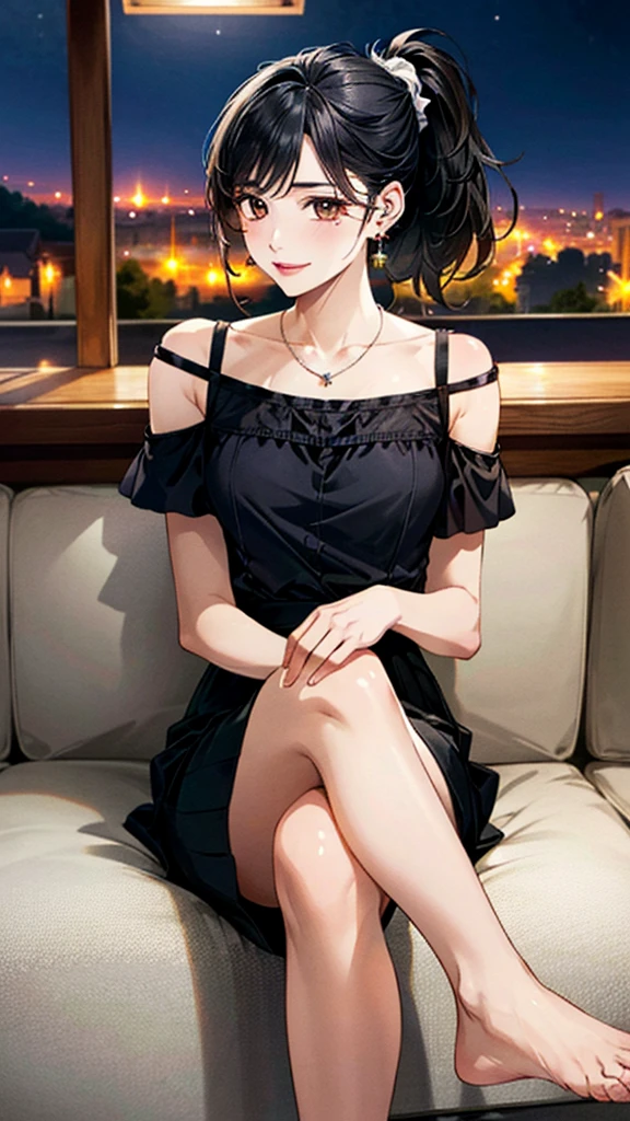 (masterpiece:1.3, Highest quality, Ultra-high resolution, Super detailed), (Realistic, photoRealistic:1.4), Beautiful illustrations, Perfect lighting, colorful, Depth of written boundary, 
Beautiful detailed hair, Beautifully detailed face, Beautiful fine details, Beautiful clavicle, Beautiful body, 美しいLarge Breasts, Beautiful thighs, Beautiful feet, Beautiful fingers, 
View Viewer、Front view:0.6, Beauty1人, Japanese, Beauty、30 years old, Perfect Face, (Perfect Anatomy, Anatomically correct), Cute and symmetrical face, Baby Face, , Shiny skin, 
((cold shoulder blouse:1.4)),((Long skirt 1.5))
(Black Hair, ponytail:1.4),  braided bangs、Dark brown eyes, (Large Breasts), Slim body, 
necklace, (Small earrings:1.3), 
(Beautiful views), (night), (Cafe), sofa、 (Drinking coffee, Crossing your legs), A soft smile、(Smile, Lips parted), 