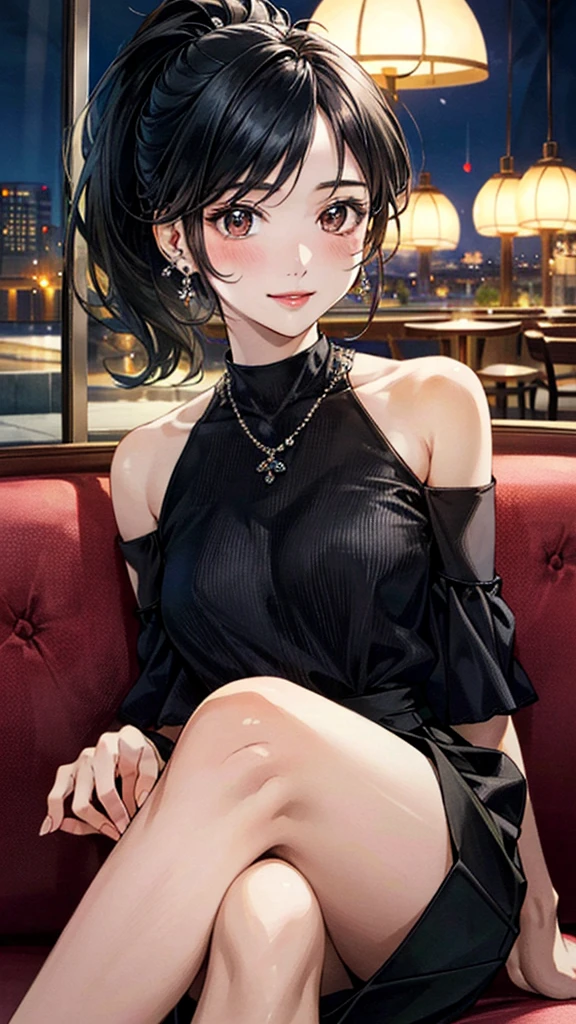 (masterpiece:1.3, Highest quality, Ultra-high resolution, Super detailed), (Realistic, photoRealistic:1.4), Beautiful illustrations, Perfect lighting, colorful, Depth of written boundary,
Beautiful detailed hair, Beautifully detailed face, Beautiful fine details, Beautiful clavicle, Beautiful body, 美しいLarge Breasts, Beautiful thighs, Beautiful feet, Beautiful fingers,
View Viewer、Front view:0.6, Beauty1人, Japanese, Beauty、30 years old, Perfect Face, (Perfect Anatomy, Anatomically correct), Cute and symmetrical face, Baby Face, , Shiny skin,
((cold shoulder blouse:1.4)),((Long skirt 1.5))
(Black Hair, ponytail:1.4), braided bangs、Dark brown eyes, (Large Breasts), Slim body,
necklace, (Small earrings:1.3),
(Beautiful views), (night), (Cafe), sofa、 (Drinking coffee, Crossing your legs), A soft smile、(Smile, Lips parted),