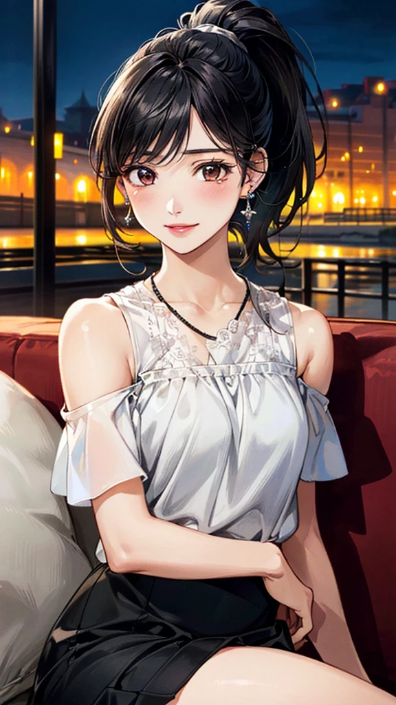 (masterpiece:1.3, Highest quality, Ultra-high resolution, Super detailed), (Realistic, photoRealistic:1.4), Beautiful illustrations, Perfect lighting, colorful, Depth of written boundary, 
Beautiful detailed hair, Beautifully detailed face, Beautiful fine details, Beautiful clavicle, Beautiful body, 美しいLarge Breasts, Beautiful thighs, Beautiful feet, Beautiful fingers, 
View Viewer、Front view:0.6, Beauty1人, Japanese, Beauty、30 years old, Perfect Face, (Perfect Anatomy, Anatomically correct), Cute and symmetrical face, Baby Face, , Shiny skin, 
((cold shoulder blouse:1.4)),((Long skirt 1.5))
(Black Hair, ponytail:1.4),  braided bangs、Dark brown eyes, (Large Breasts), Slim body, 
necklace, (Small earrings:1.3), 
(Beautiful views), (night), (Cafe), sofa、 (Drinking coffee, Crossing your legs), A soft smile、(Smile, Lips parted), 