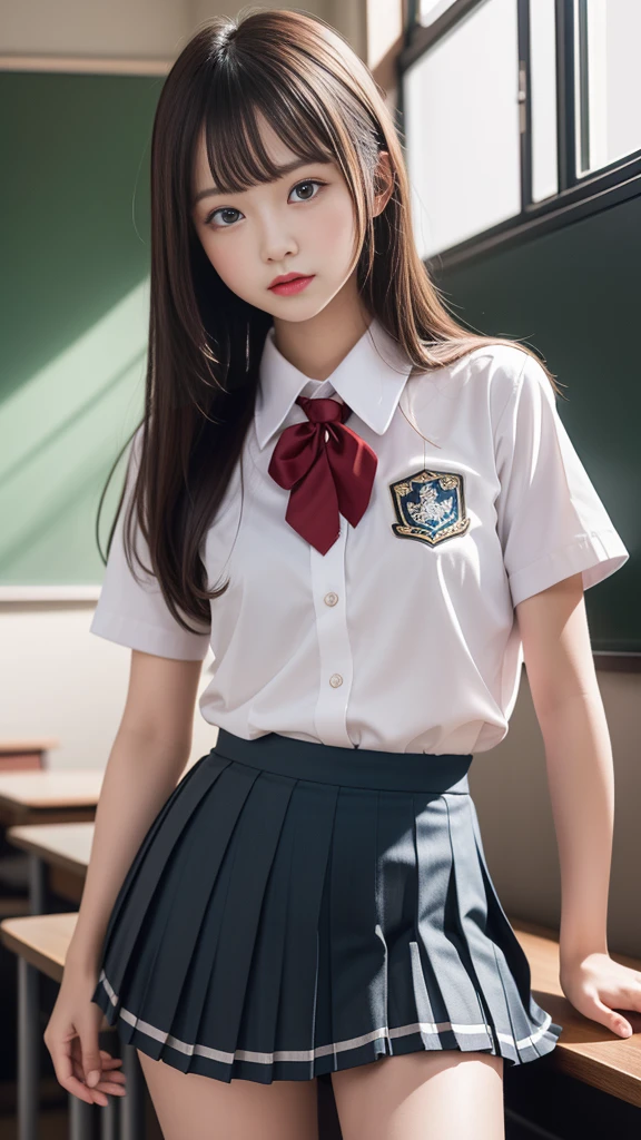 ung girls, extremely detailed CG unified 8k wallpaper, Highly detailed, High-definition raw color photos, Professional Photography, Realistic portrait, Cinematic Light, Bangs, (hi-school uniform, pleated mini skirt:1.3), School, classroom,