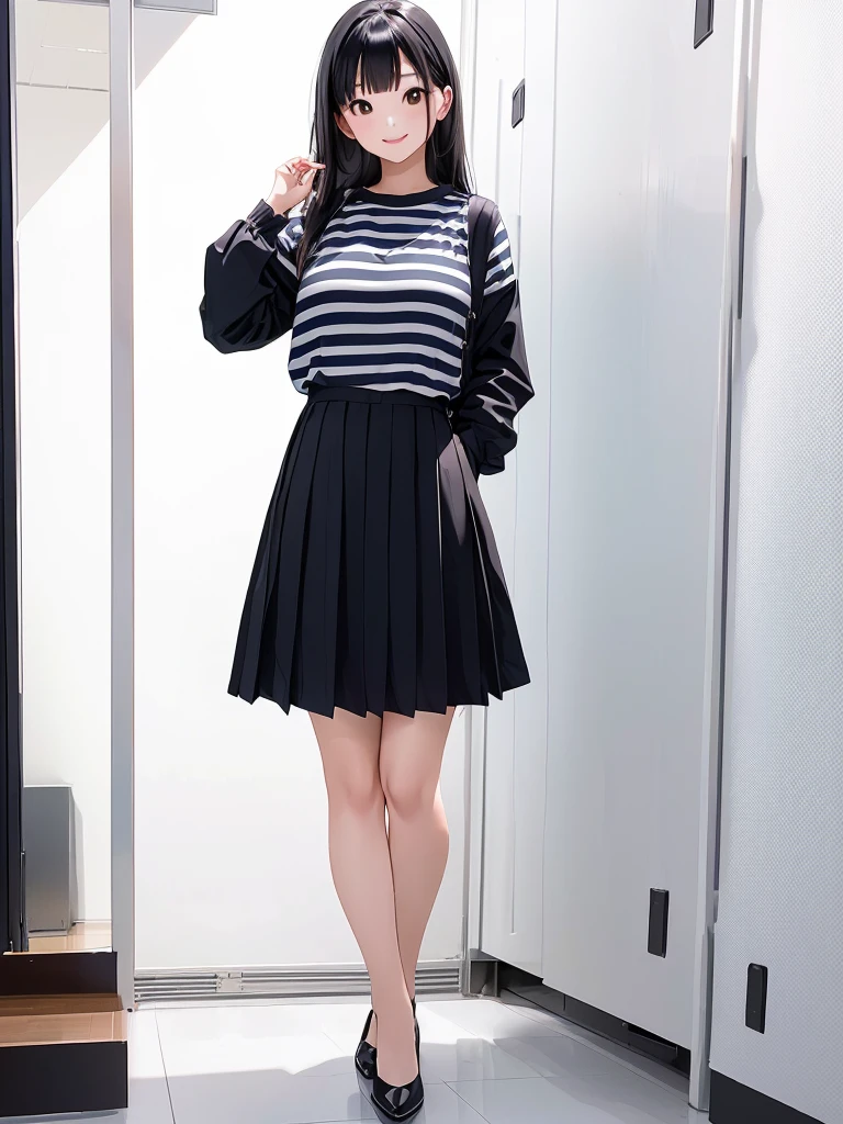araffed asian woman in a striped shirt and black skirt, full body!!, thighhighs and skirt, full body! pretty face, full body picture, full body!!!, outfit photo, full_body!!, full body!, 2 4 year old female model, full body;, full body photogenic shot, taken with canon eos 5 d, full body shot!!