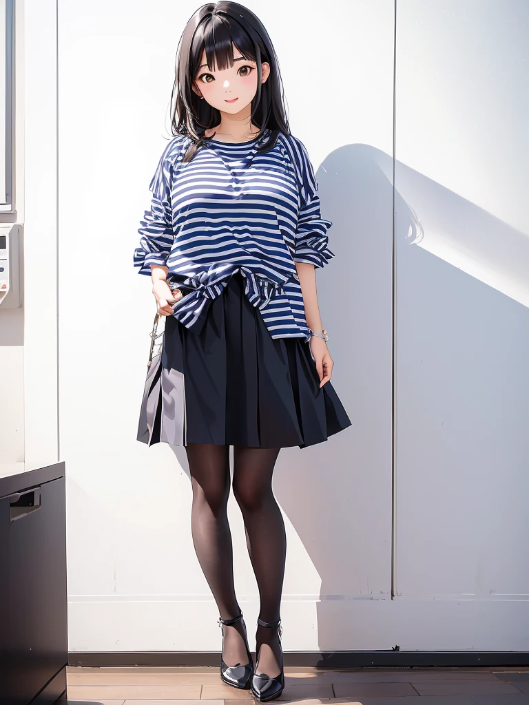araffed asian woman in a striped shirt and black skirt, full body!!, thighhighs and skirt, full body! pretty face, full body picture, full body!!!, outfit photo, full_body!!, full body!, 2 4 year old female model, full body;, full body photogenic shot, taken with canon eos 5 d, full body shot!!