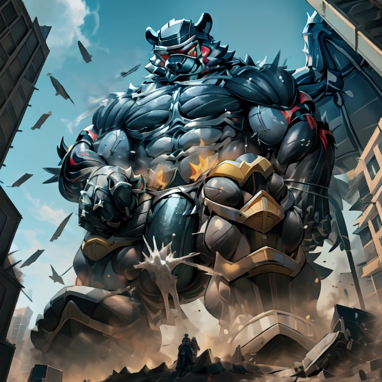 (masterpiece. official art. 8k. best quality. detailed full body. full body.)

(situation 1 : dominating Incineroar. Muscular Incineroar is trampling the CITY. macro. stomp. Low-angle perspective. emphasizing the immense size. The perspective is from below, emphasizing the sheer majesty and power of the Giant. giant art. He is much bigger than a skyscraper. Giga Giants. micro soccer field. looking down.)

(situation 2 :smoke and flames rising from the destruction in the city)

(Additional details 1: wearing a full-face helmet. helmet is jet black. The color of NANOSUIT is jet black. high-tech bio-mecha armor. real texture material. whole body shines like metal. Wearing cyberpunk mecha. emphasizes the muscles. suit fully made of metal. intricate armor. Robotic suit. NANOSUIT with the same design as Incineroar.).

(Additional details 2: (Detailed head. Detailed Body. Detailed abs. gigantic muscles. HYPER MUSCLES. Gigachad Muscular. big muscle. pecs. triceps. traps. unusually developed muscular body. body full of huge muscles. showing off muscles. pectorales enormes. Exaggeratedly huge muscles. huge muscles. long legs.).

(Additional details 3: nj5furry, Spread wings. It has wings. black have big wings. The claws are sharp. ).  (Incineroar has 5 toes.) 

 (Additional details 4: black color hyper penis. hyper black penis. big penis) (Additional details 6 : Spraying hyper cum up everywhere into the sky from his erect penis. wide spray of cum, covered in cum, cum splashing in front of camera, bukkake, earth is under a thick later of cum.) He is laughing defiantly.