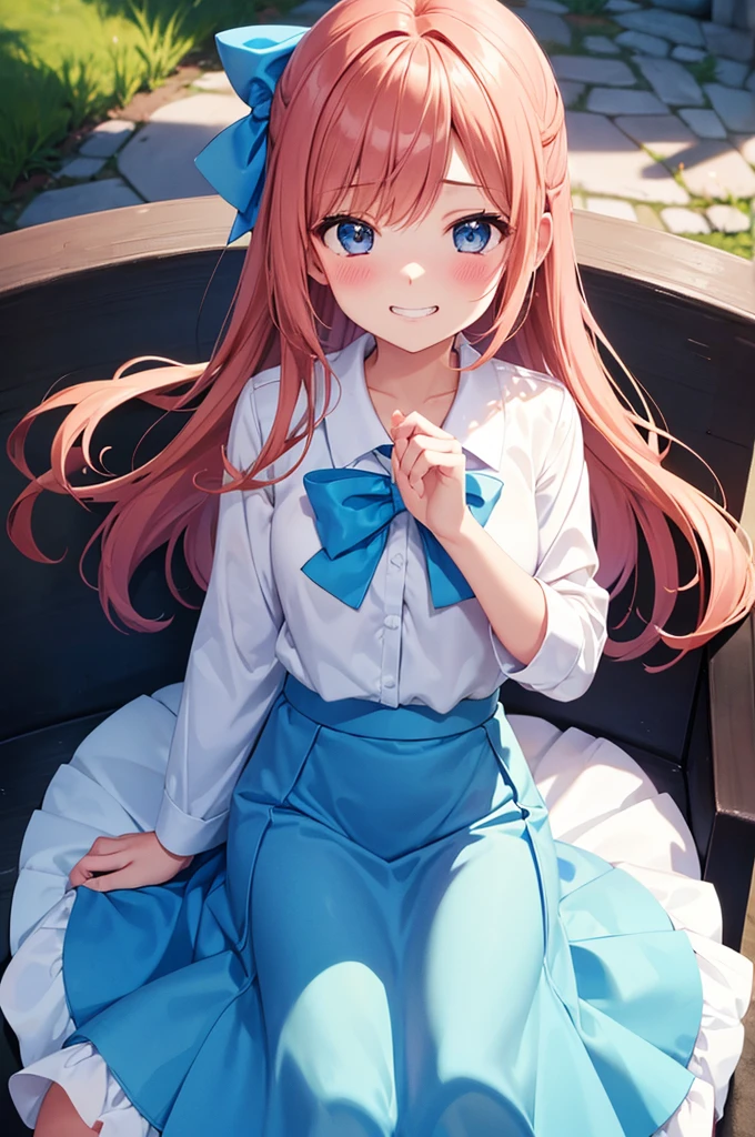 Grin, From above, (Squint your eyes:1.2), close, One Girl, blush, sit, nsfw,beautiful girl　 Wear a uniform, Light blue skirt, Long skirt, small bow, small bow, Anime movie