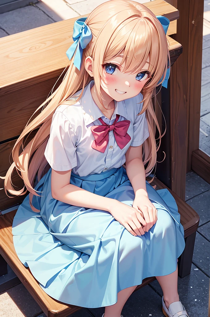 Grin, From above, (Squint your eyes:1.2), close, One Girl, blush, sit, nsfw,beautiful girl　 Wear a uniform, Light blue skirt, Long skirt, small bow, small bow, Anime movie