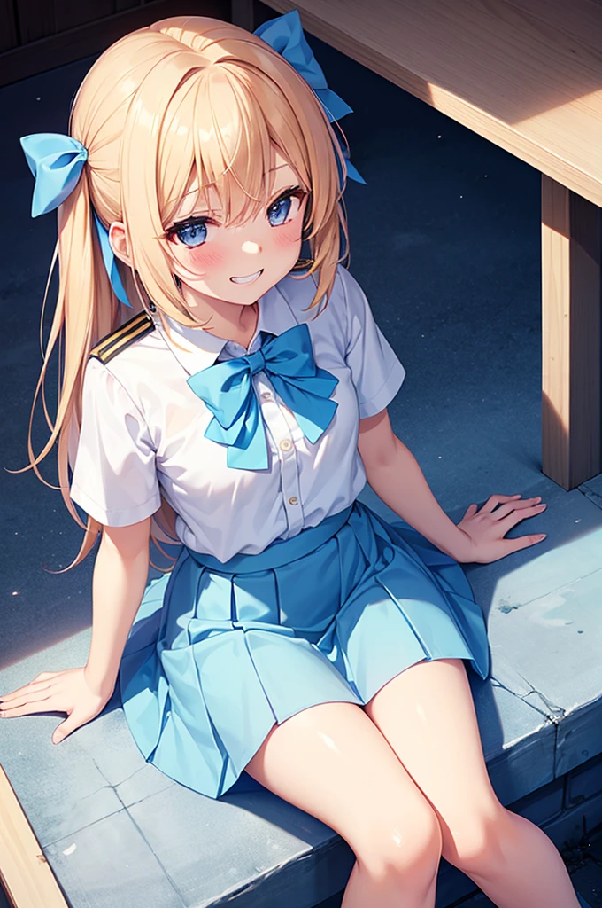 Grin, From above, (Squint your eyes:1.2), close, One Girl, blush, sit, nsfw,beautiful girl Wear a uniform, Light blue skirt, Long skirt, small bow, small bow, Anime movie