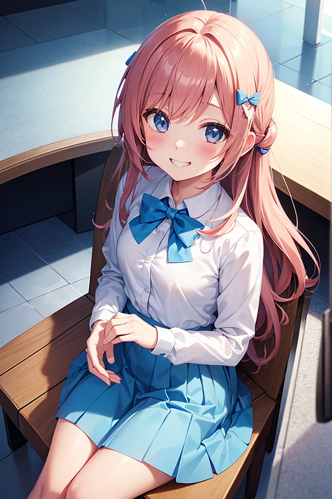 Grin, From above, (Squint your eyes:1.2), close, One Girl, blush, sit, nsfw,beautiful girl　 Wear a uniform, Light blue skirt, Long skirt, small bow, small bow, Anime movie